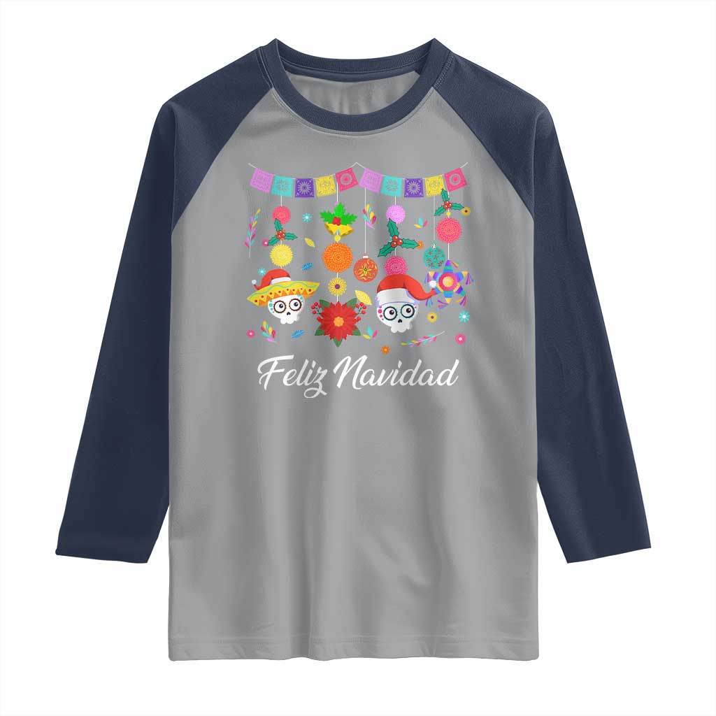 Feliz Navidad Raglan Shirt Funny Christmas In Mexico Sugar Skull Pinata Star TS11 Sport Gray Navy Print Your Wear