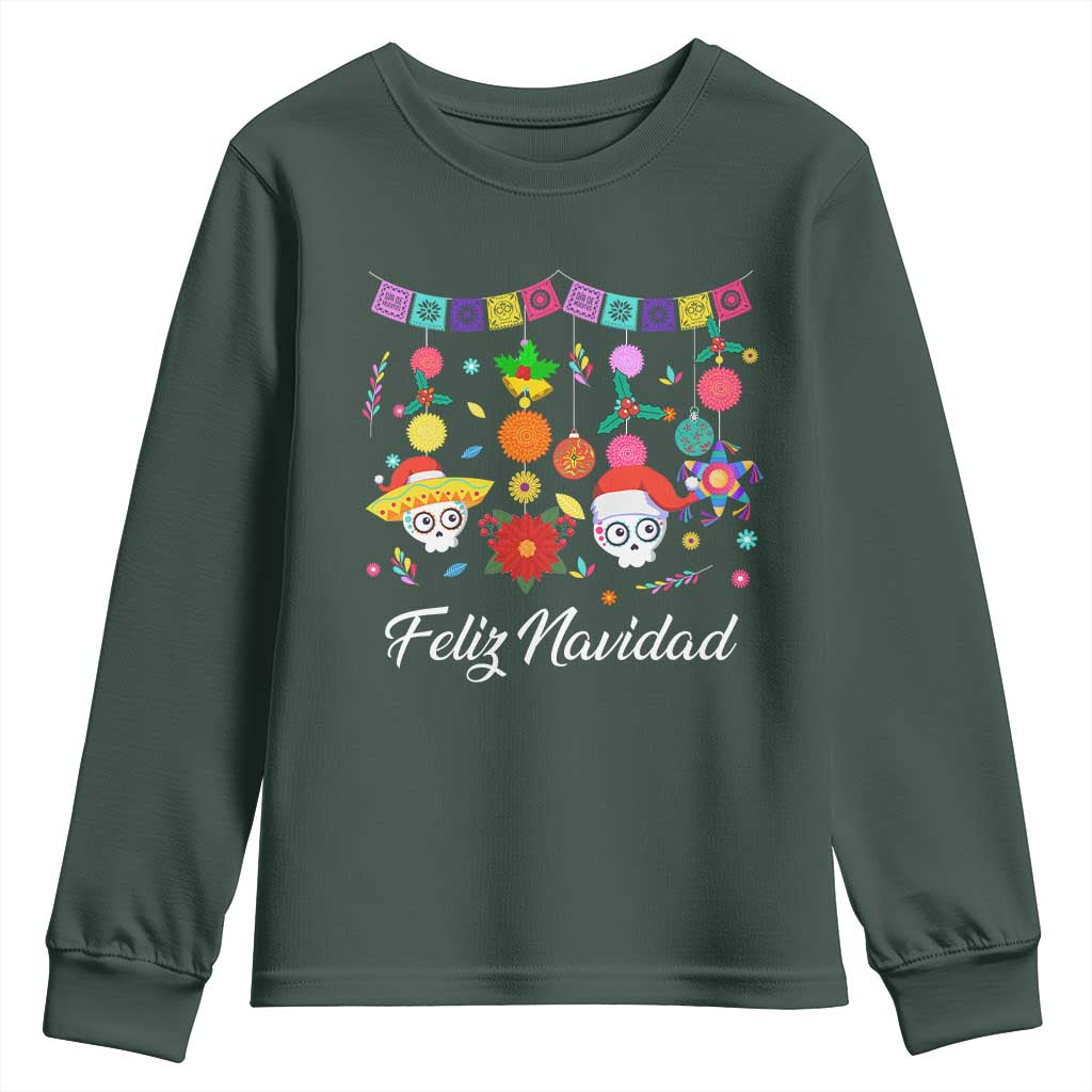 Feliz Navidad Youth Sweatshirt Funny Christmas In Mexico Sugar Skull Pinata Star TS11 Dark Forest Green Print Your Wear