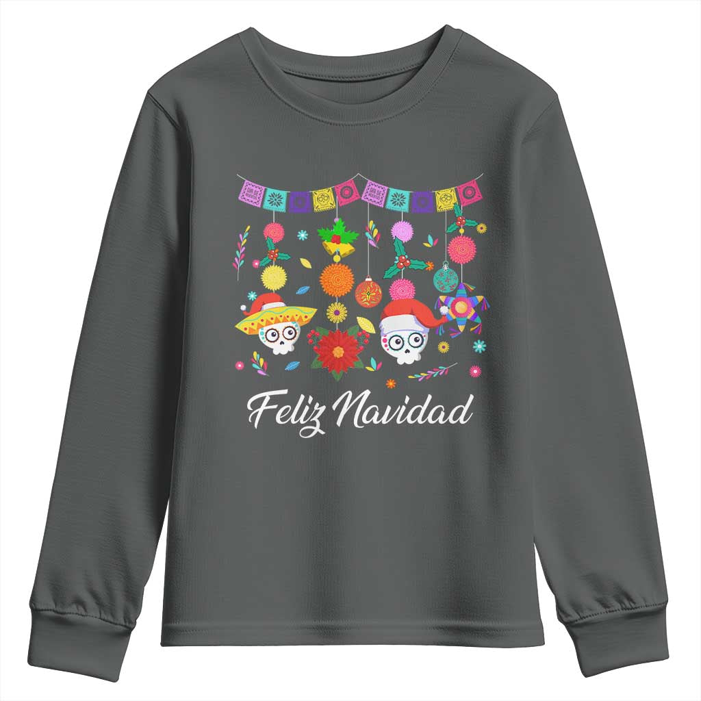 Feliz Navidad Youth Sweatshirt Funny Christmas In Mexico Sugar Skull Pinata Star TS11 Dark Heather Print Your Wear