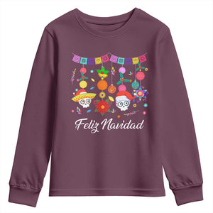 Feliz Navidad Youth Sweatshirt Funny Christmas In Mexico Sugar Skull Pinata Star TS11 Maroon Print Your Wear