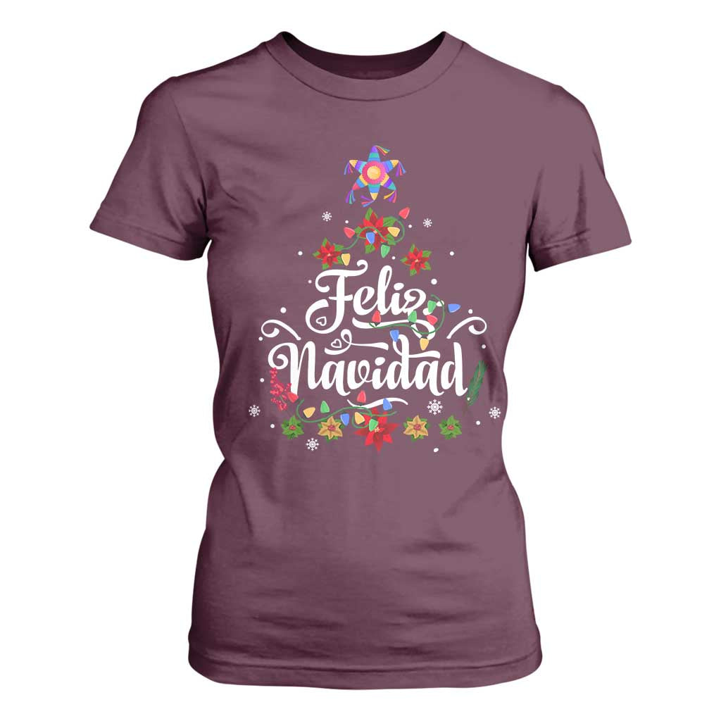 Christmas In Mexico T Shirt For Women Feliz Navidad Pinata Star Xmas Tree TS11 Maroon Print Your Wear