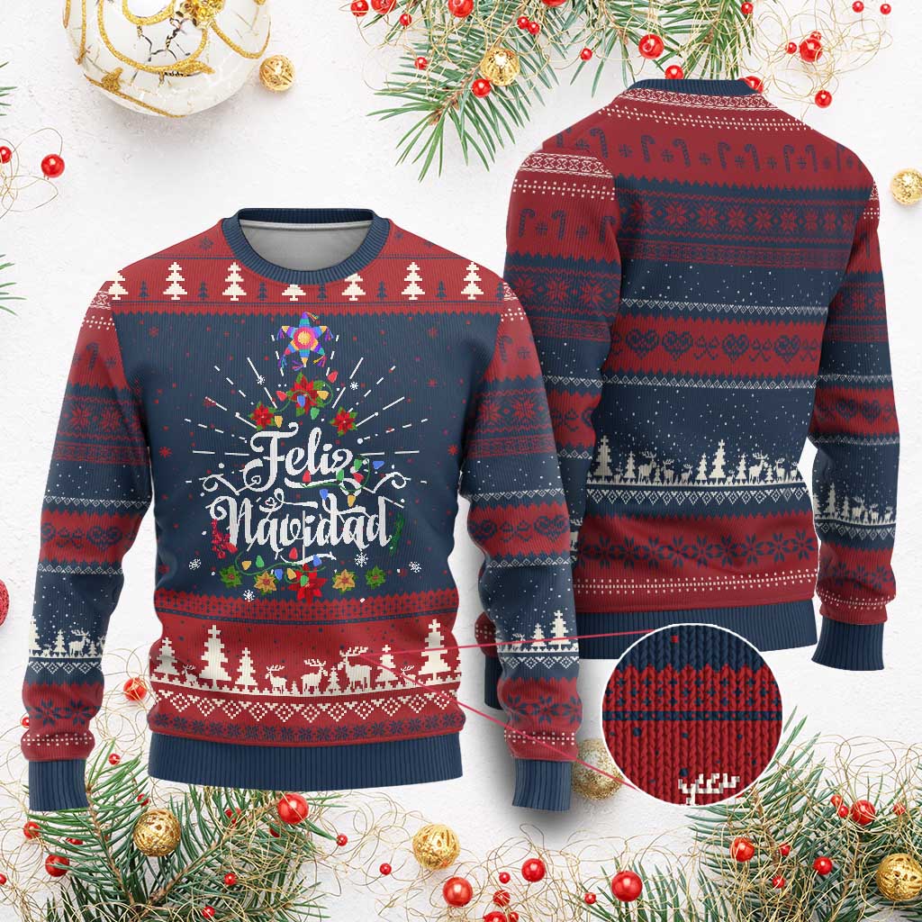 Xmas In Mexico Ugly Christmas Sweater Feliz Navidad Pinata Star Xmas Tree TS11 Burgundy Print Your Wear