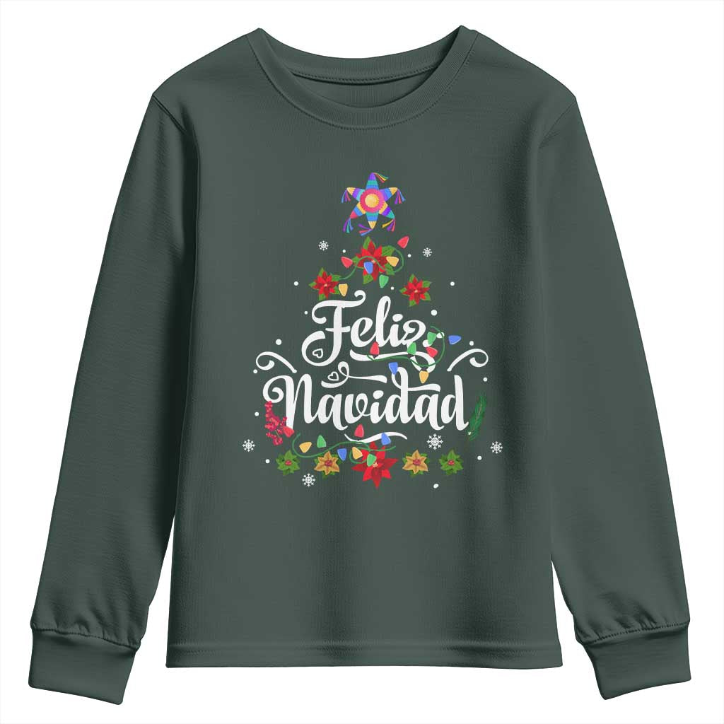Christmas In Mexico Youth Sweatshirt Feliz Navidad Pinata Star Xmas Tree TS11 Dark Forest Green Print Your Wear