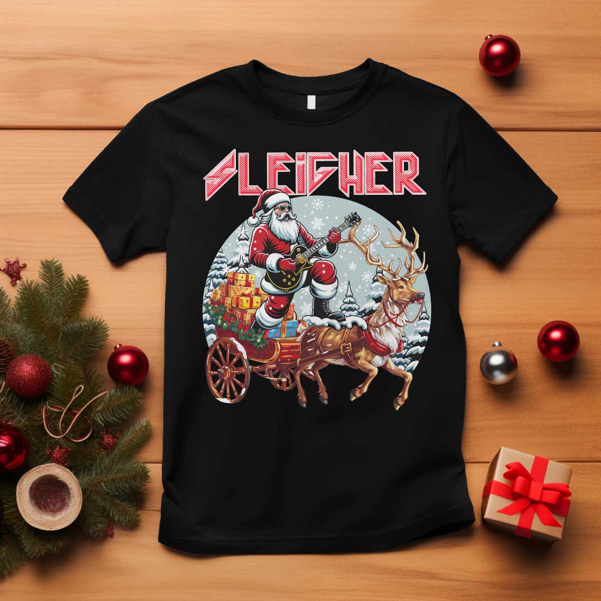 Funny Santa Heavy Metal Christmas T Shirt Sleigher Xmas Rock & Roll TS11 Black Print Your Wear