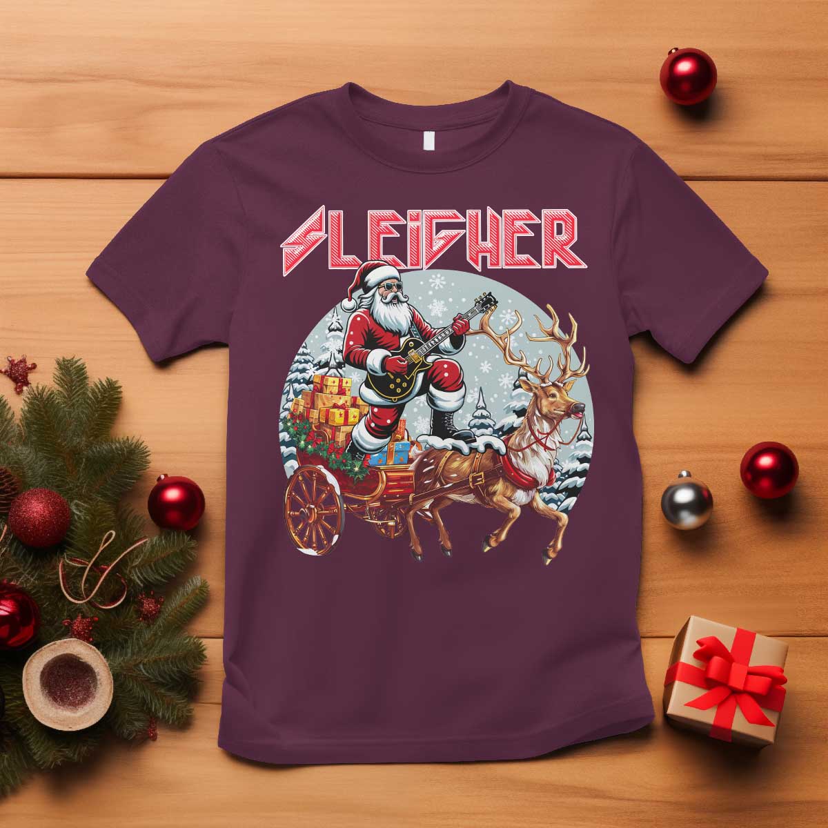 Funny Santa Heavy Metal Christmas T Shirt Sleigher Xmas Rock & Roll TS11 Maroon Print Your Wear