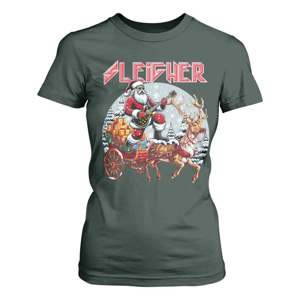 Funny Santa Heavy Metal Christmas T Shirt For Women Sleigher Xmas Rock & Roll TS11 Dark Forest Green Print Your Wear