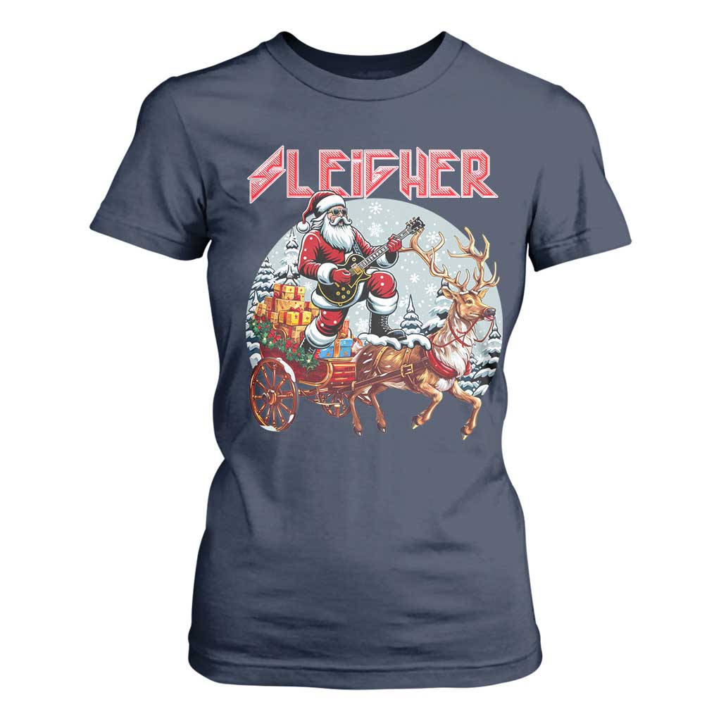 Funny Santa Heavy Metal Christmas T Shirt For Women Sleigher Xmas Rock & Roll TS11 Navy Print Your Wear
