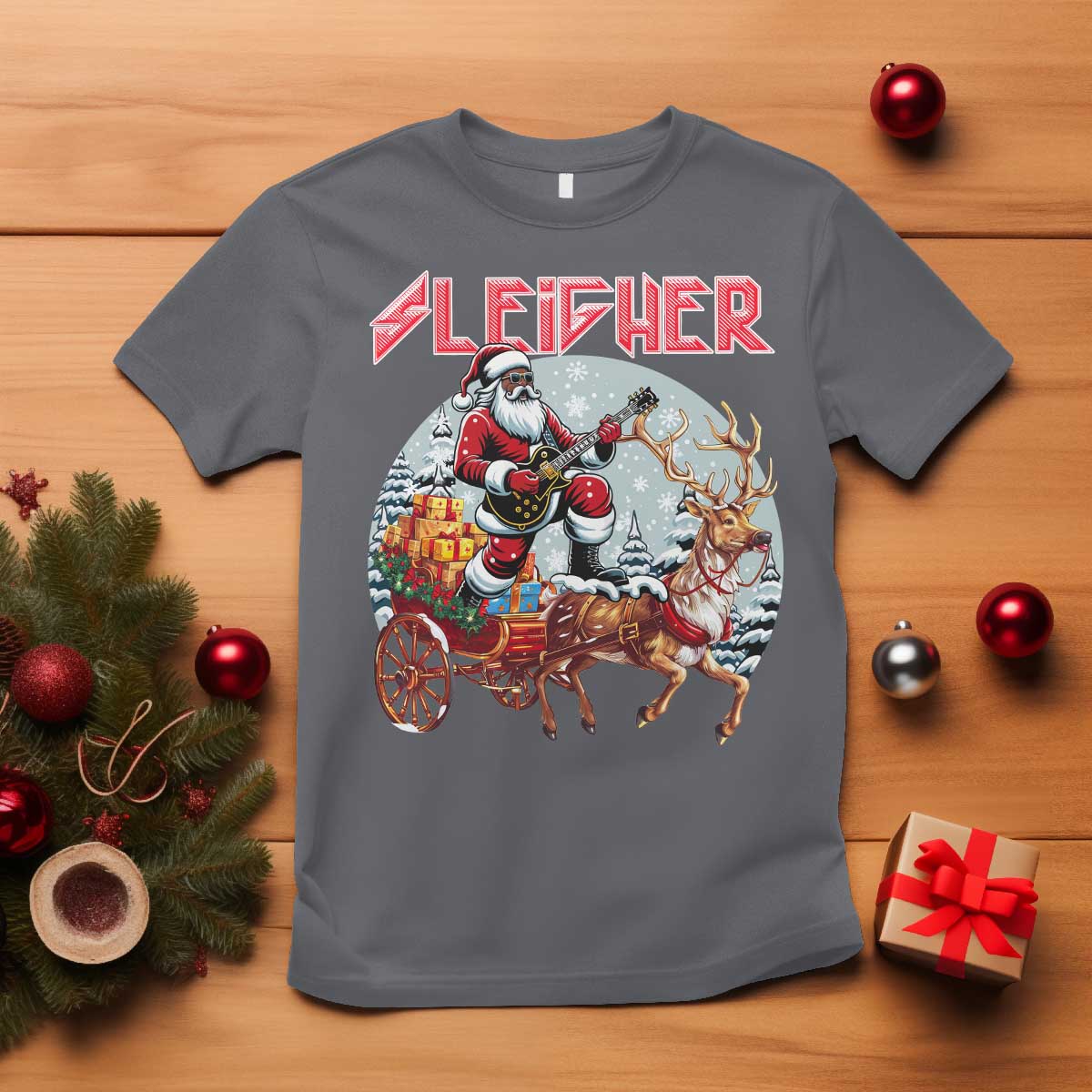 Funny Black Santa Heavy Metal Christmas T Shirt Sleigher Xmas Rock & Roll TS11 Charcoal Print Your Wear