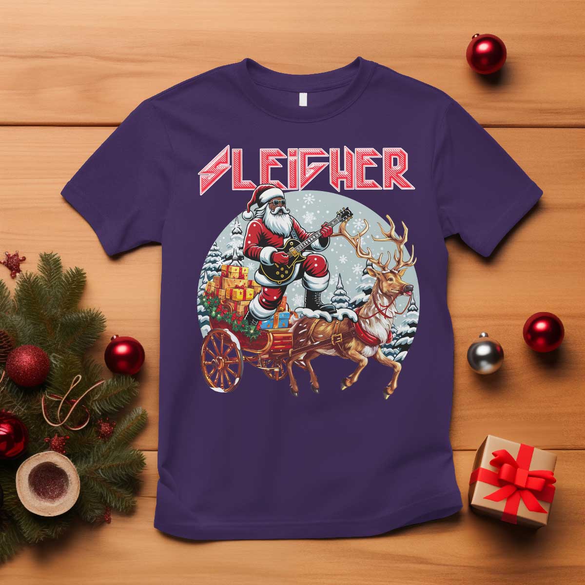 Funny Black Santa Heavy Metal Christmas T Shirt Sleigher Xmas Rock & Roll TS11 Purple Print Your Wear