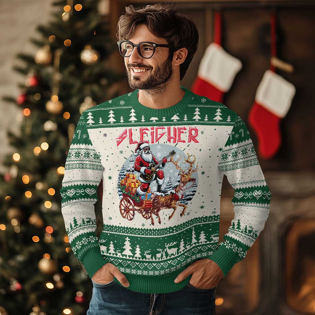 Funny Black Santa Heavy Metal Xmas Ugly Christmas Sweater Sleigher Xmas Rock & Roll TS11 Green Print Your Wear
