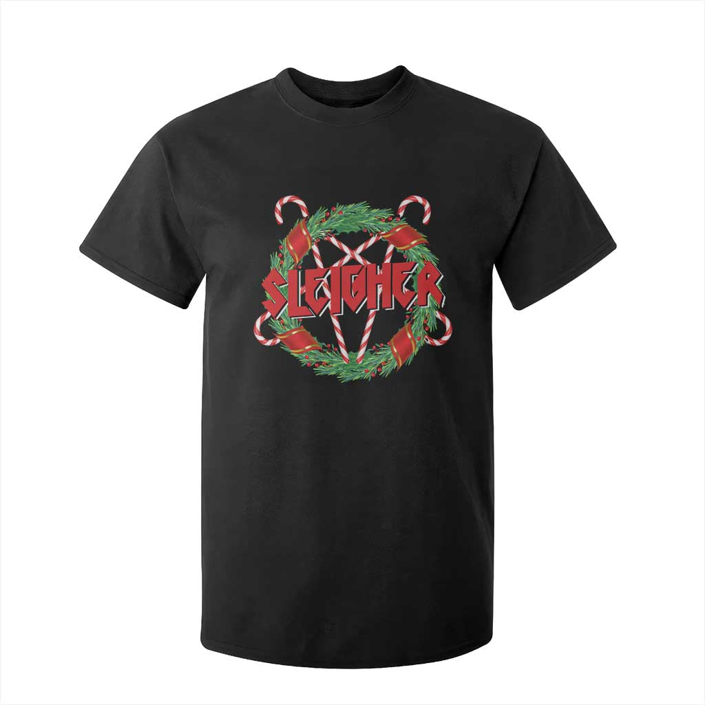 Funny Christmas Heavy Metal T Shirt For Kid Sleigher Xmas Pentagram Candy Cane TS11 Black Print Your Wear