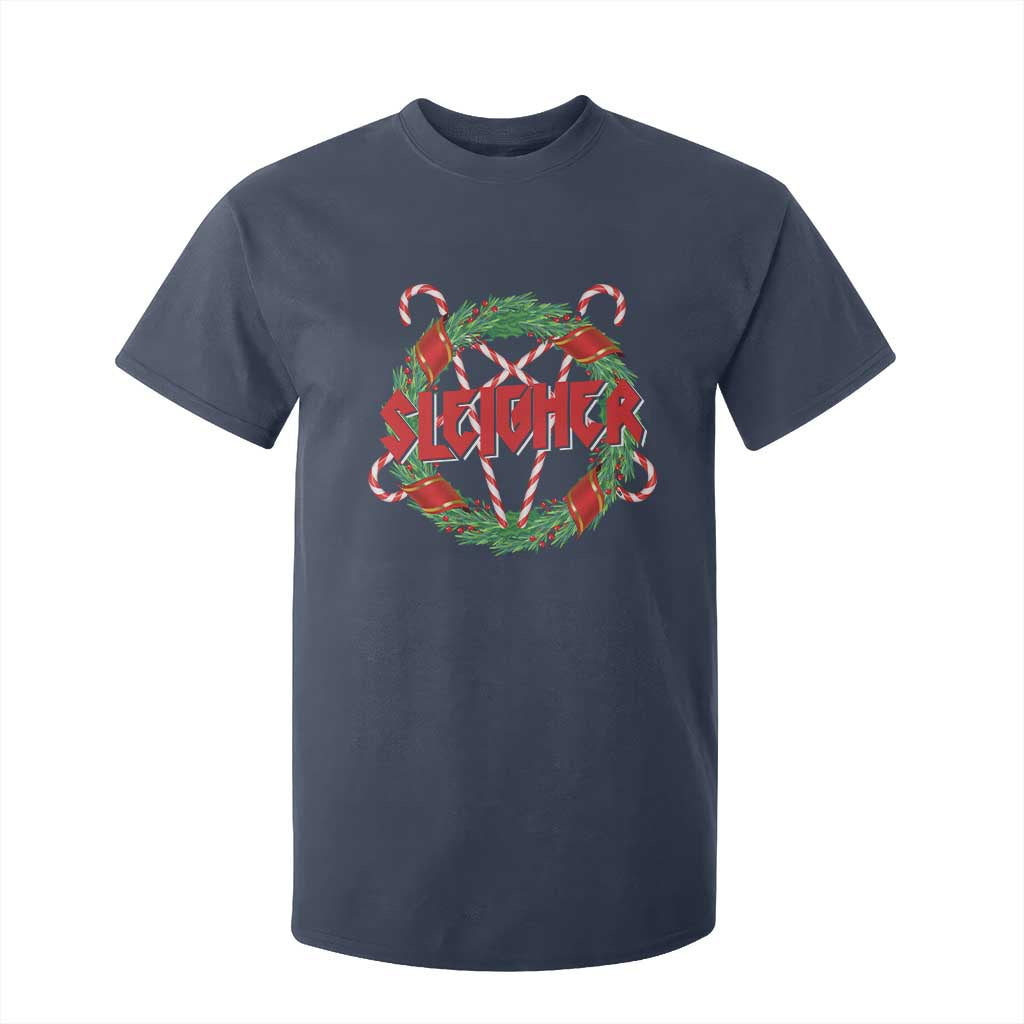 Funny Christmas Heavy Metal T Shirt For Kid Sleigher Xmas Pentagram Candy Cane TS11 Navy Print Your Wear