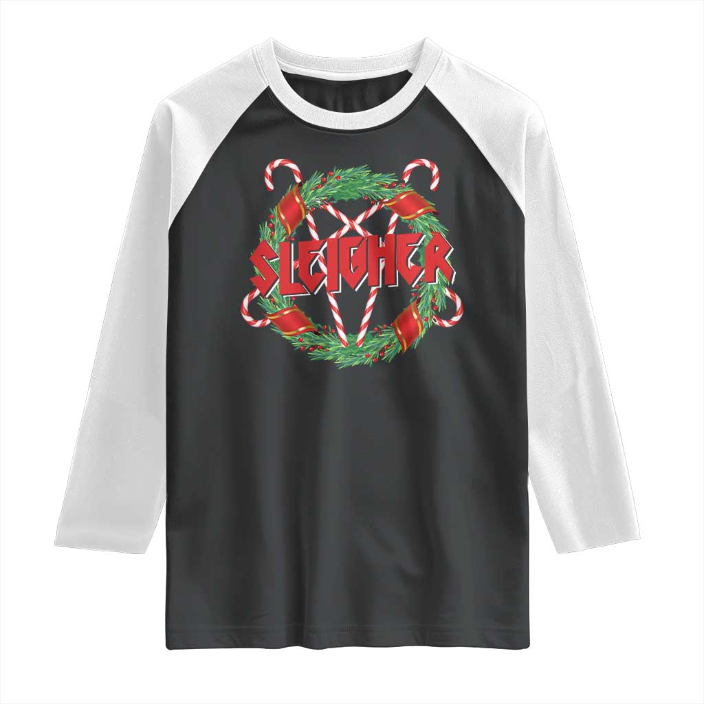 Funny Christmas Heavy Metal Raglan Shirt Sleigher Xmas Pentagram Candy Cane TS11 Black White Print Your Wear