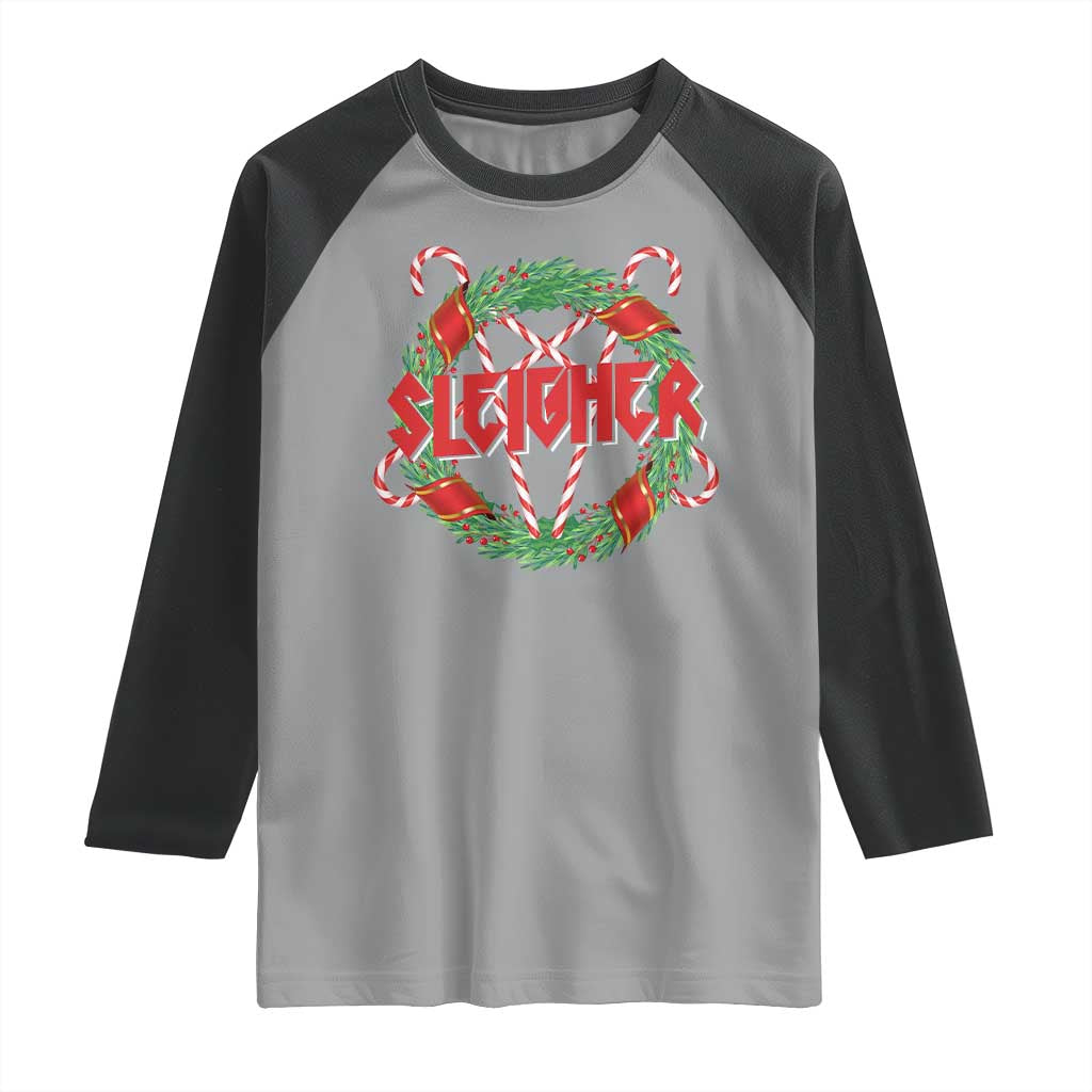 Funny Christmas Heavy Metal Raglan Shirt Sleigher Xmas Pentagram Candy Cane TS11 Sport Gray Black Print Your Wear