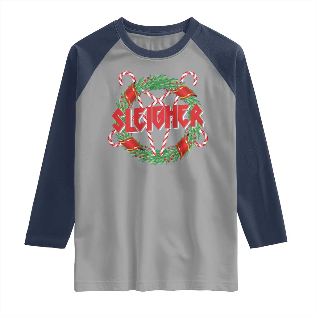 Funny Christmas Heavy Metal Raglan Shirt Sleigher Xmas Pentagram Candy Cane TS11 Sport Gray Navy Print Your Wear