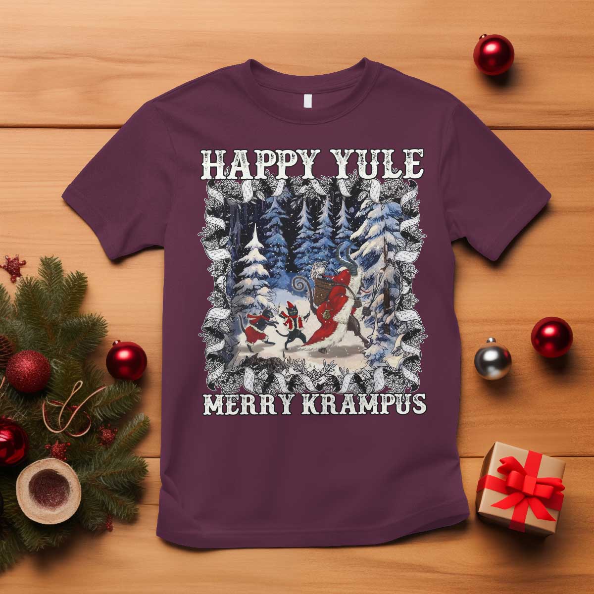 Happy Yule Merry Krampus T Shirt Vintage Krampus Black Cat TS11 Maroon Print Your Wear