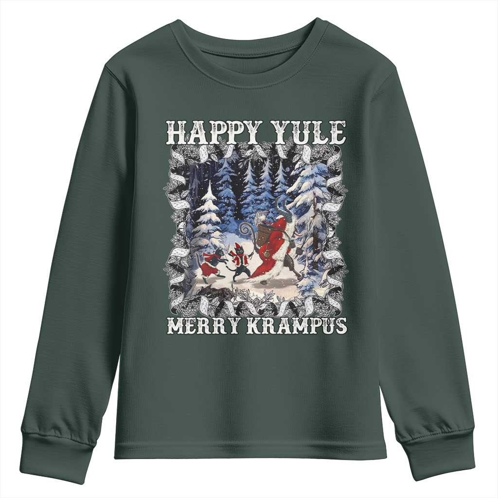Happy Yule Merry Krampus Youth Sweatshirt Vintage Krampus Black Cat TS11 Dark Forest Green Print Your Wear
