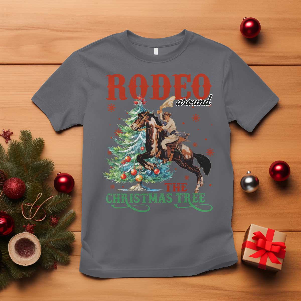Western Christmas T Shirt Rodeo Around The Christmas Tree Cowgirl TS11 Charcoal Print Your Wear