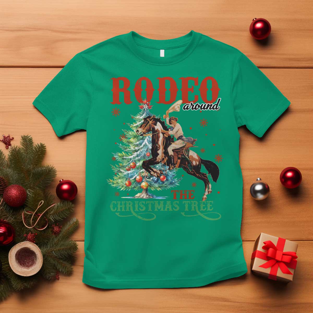 Western Christmas T Shirt Rodeo Around The Christmas Tree Cowgirl TS11 Irish Green Print Your Wear