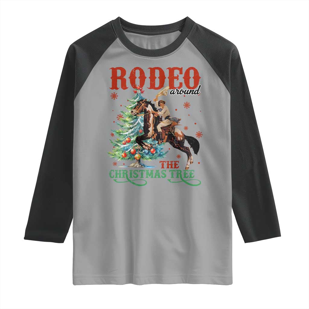Western Christmas Raglan Shirt Rodeo Around The Christmas Tree Cowgirl TS11 Sport Gray Black Print Your Wear
