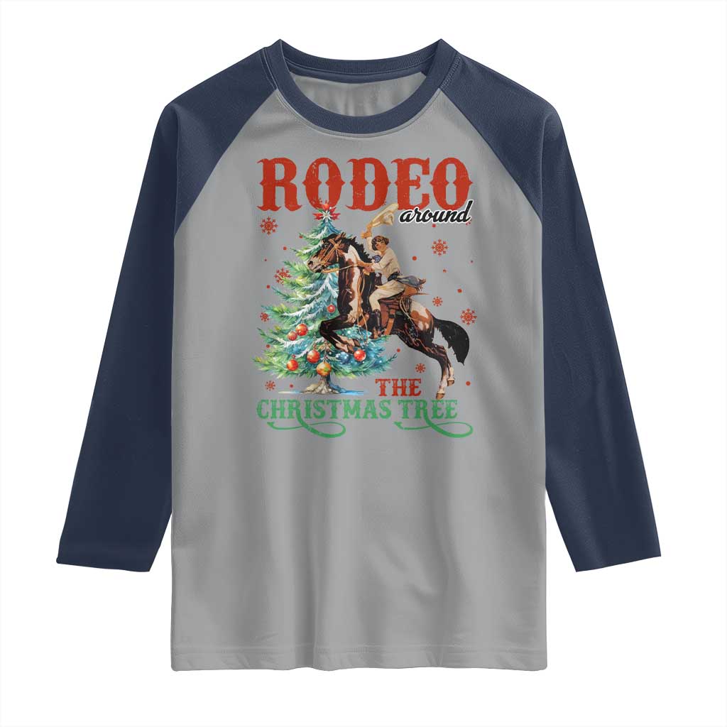 Western Christmas Raglan Shirt Rodeo Around The Christmas Tree Cowgirl TS11 Sport Gray Navy Print Your Wear