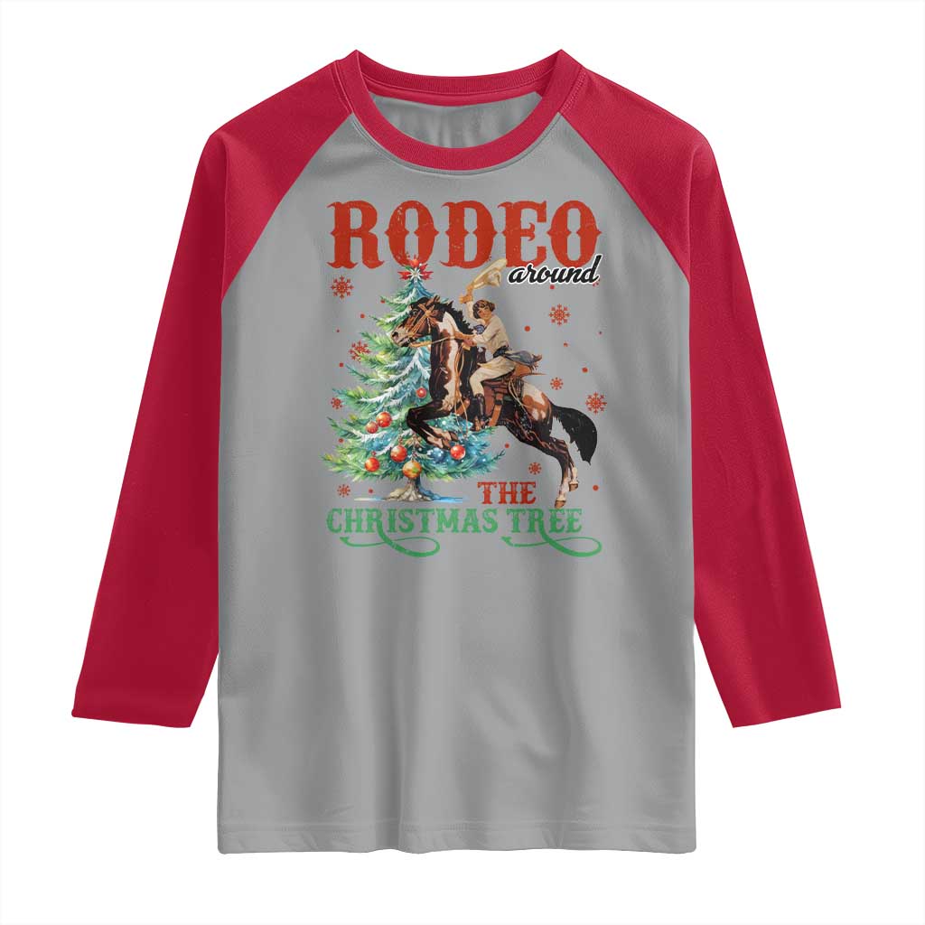 Western Christmas Raglan Shirt Rodeo Around The Christmas Tree Cowgirl TS11 Sport Gray Red Print Your Wear
