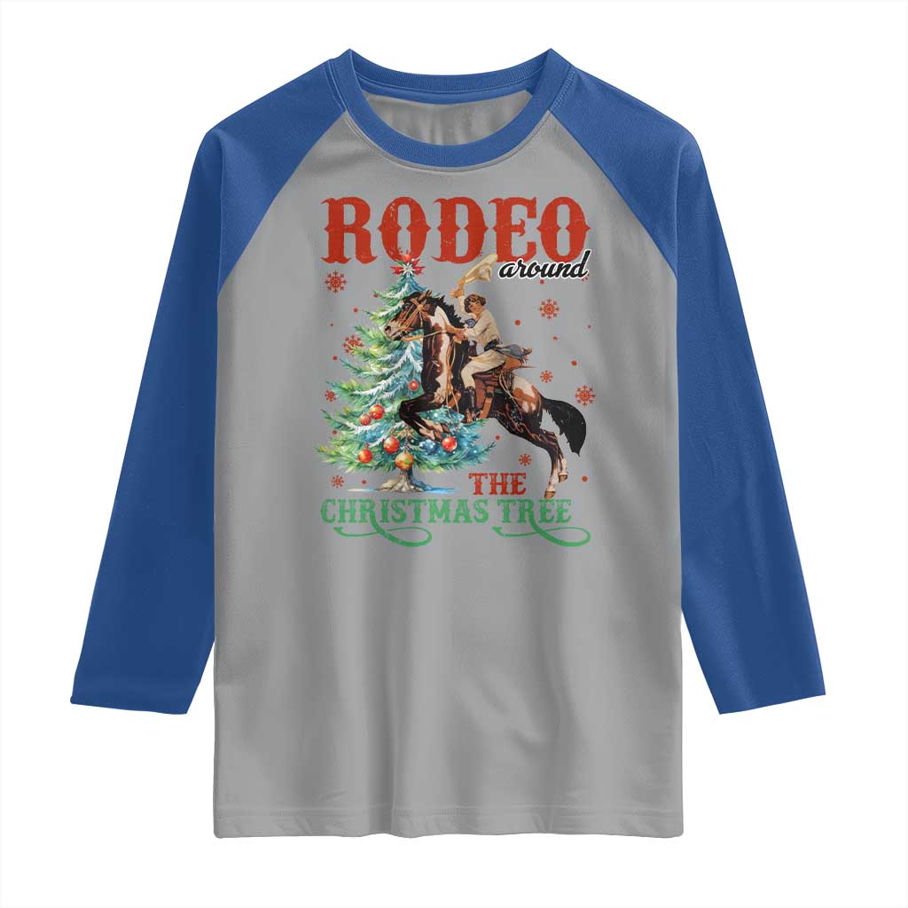 Western Christmas Raglan Shirt Rodeo Around The Christmas Tree Cowgirl TS11 Sport Gray Royal Print Your Wear