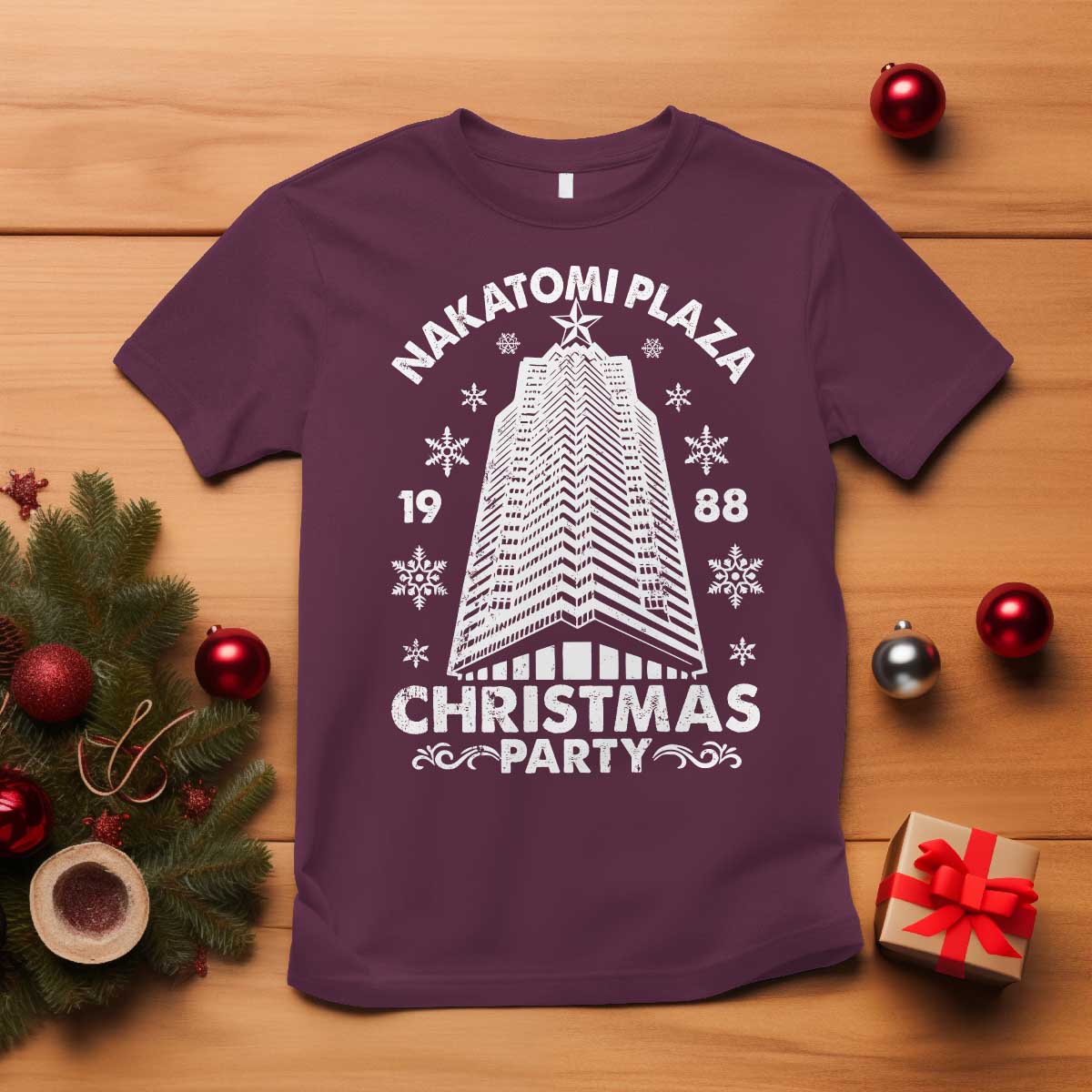 Nakatomi Plaza T Shirt Christmas Party 1988 Vintage Snowflake TS11 Maroon Print Your Wear