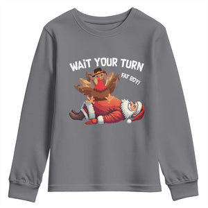 Funny ThanksMas Youth Sweatshirt Wait Your Turn Fat Boy Turkey Santa TS11 Charcoal Print Your Wear