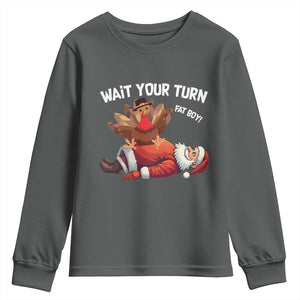 Funny ThanksMas Youth Sweatshirt Wait Your Turn Fat Boy Turkey Santa TS11 Dark Heather Print Your Wear