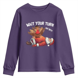 Funny ThanksMas Youth Sweatshirt Wait Your Turn Fat Boy Turkey Santa TS11 Purple Print Your Wear