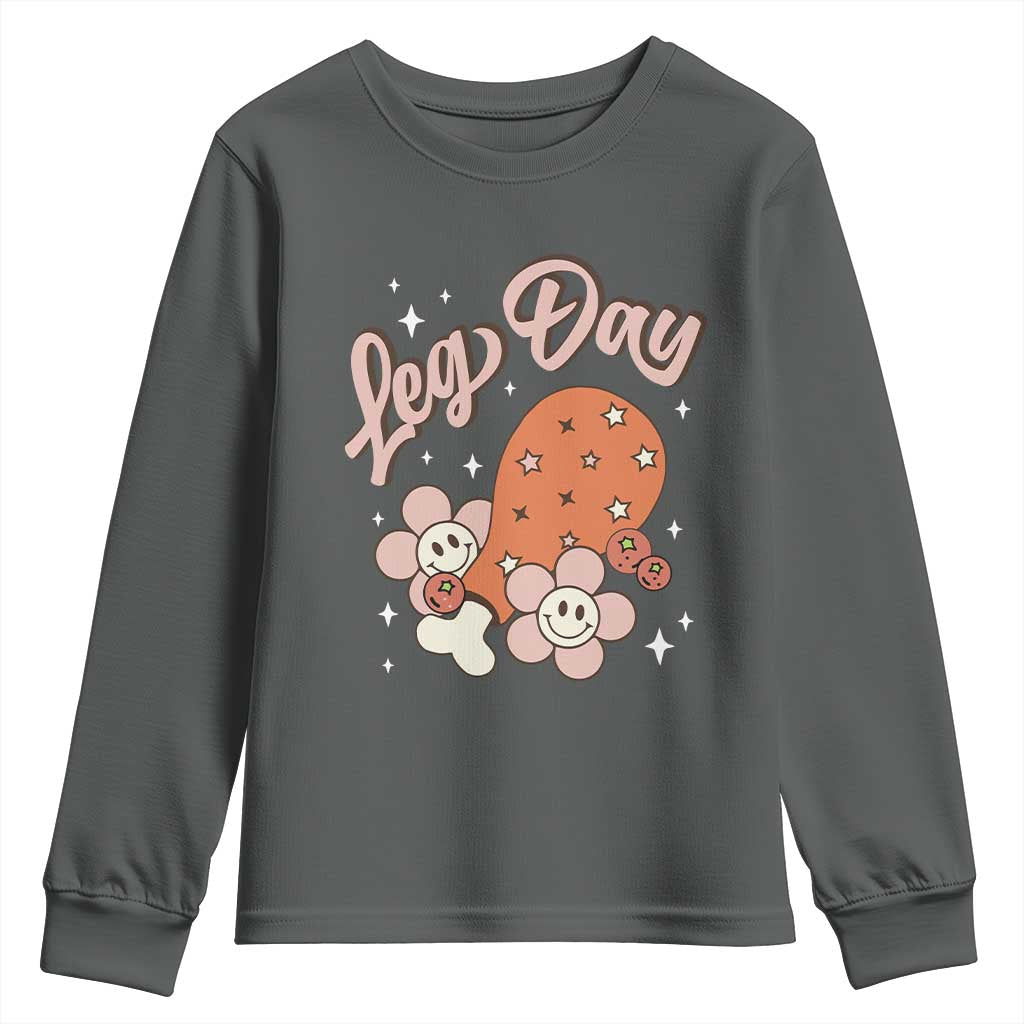 Funny Retro Thanksgiving Youth Sweatshirt Leg Day Fall Season Family Matching TS11 Dark Heather Print Your Wear