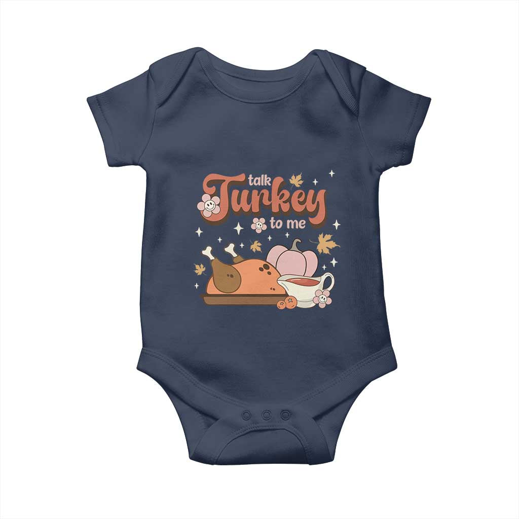 Funny Retro Thanksgiving Baby Onesie Talk Turkey To Me Fall Season Family Matching TS11 Navy Print Your Wear