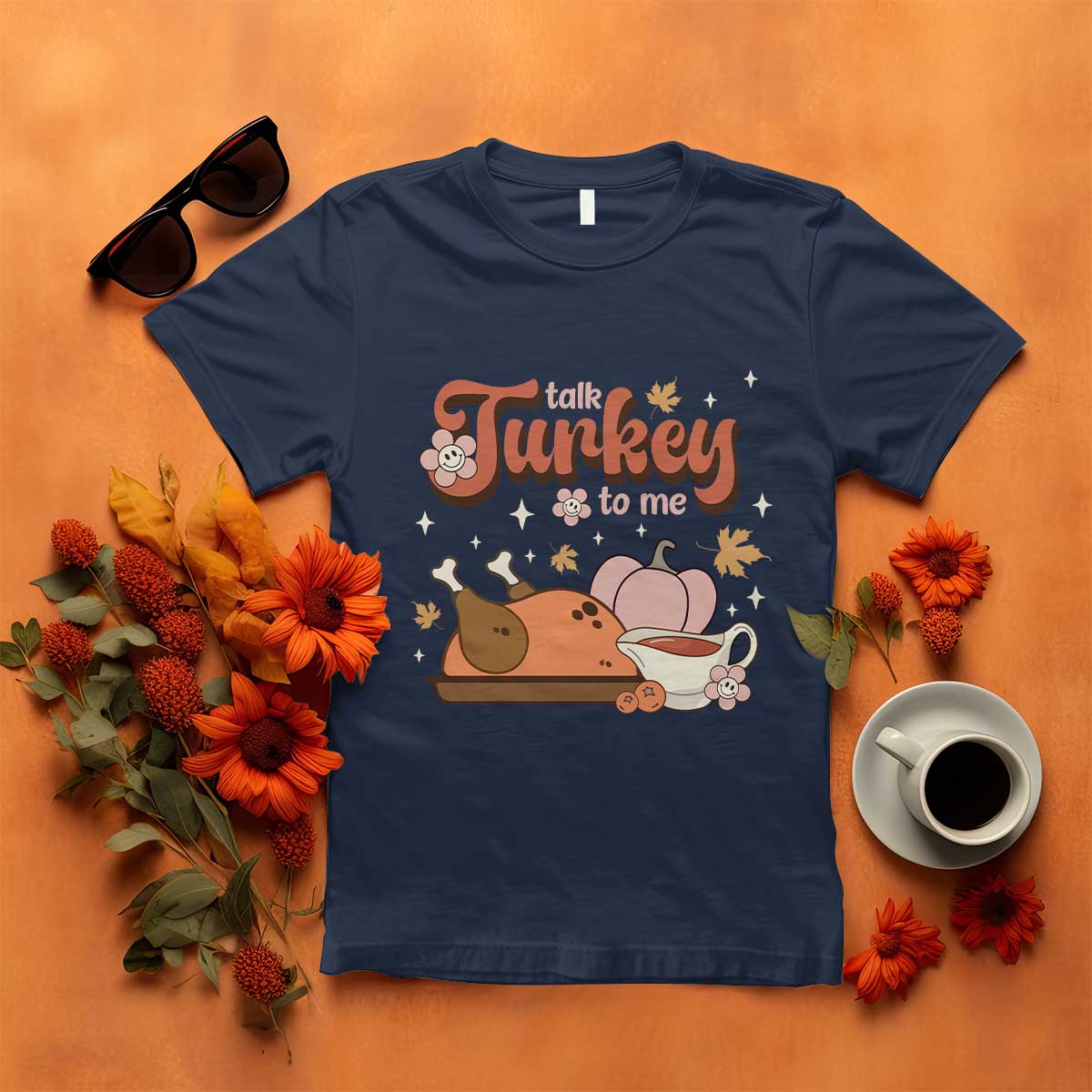Funny Retro Thanksgiving T Shirt Talk Turkey To Me Fall Season Family Matching TS11 Navy Print Your Wear