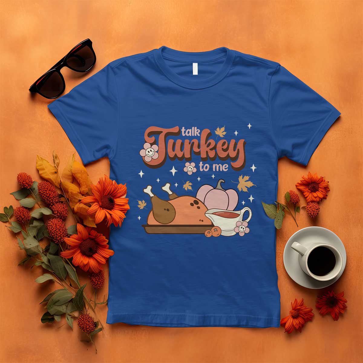Funny Retro Thanksgiving T Shirt Talk Turkey To Me Fall Season Family Matching TS11 Royal Blue Print Your Wear