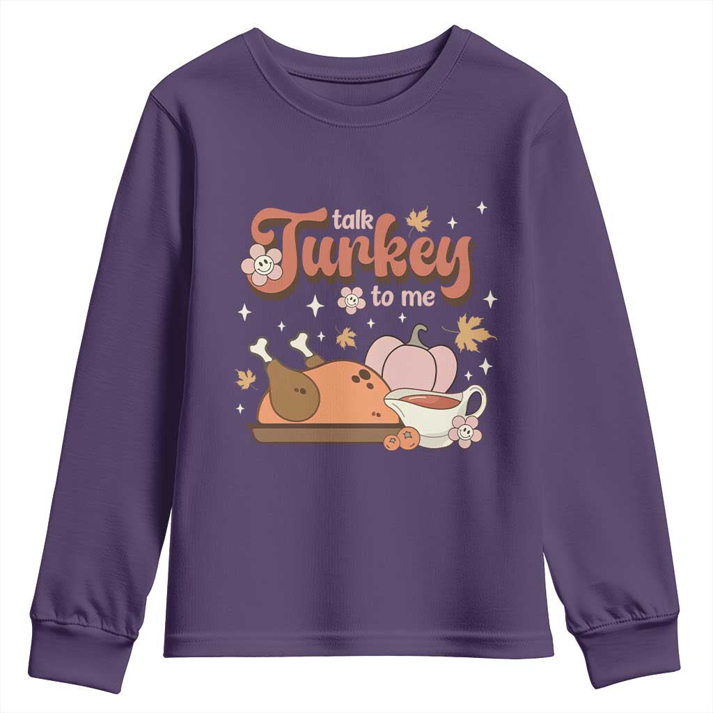 Funny Retro Thanksgiving Youth Sweatshirt Talk Turkey To Me Fall Season Family Matching TS11 Purple Print Your Wear