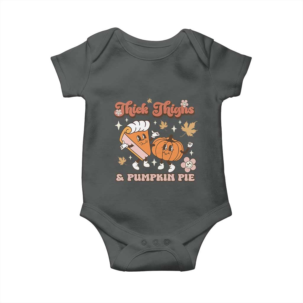 Funny Retro Thanksgiving Baby Onesie Thick Thighs And Pumpkin Pie Fall Season Family Matching TS11 Dark Heather Print Your Wear