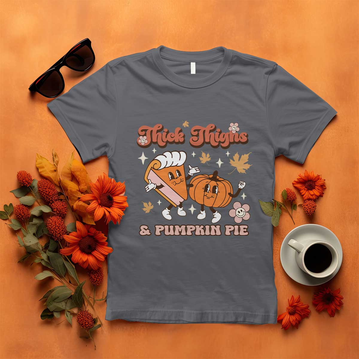 Funny Retro Thanksgiving T Shirt Thick Thighs And Pumpkin Pie Fall Season Family Matching TS11 Charcoal Print Your Wear