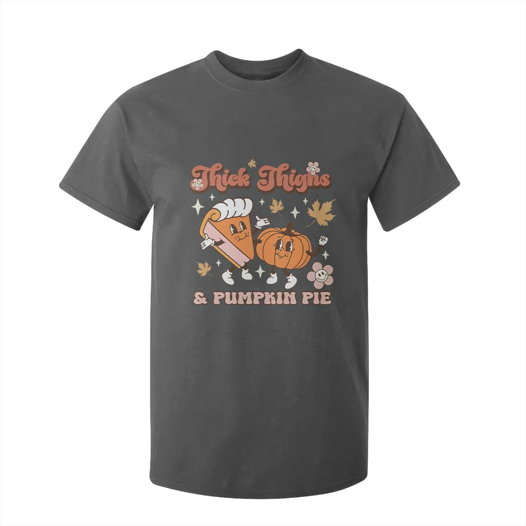 Funny Retro Thanksgiving T Shirt For Kid Thick Thighs And Pumpkin Pie Fall Season Family Matching TS11 Dark Heather Print Your Wear