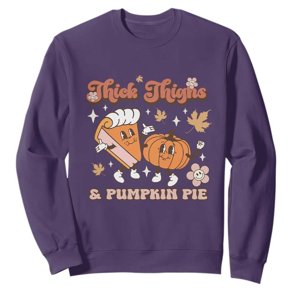 Funny Retro Thanksgiving Sweatshirt Thick Thighs And Pumpkin Pie Fall Season Family Matching TS11 Purple Print Your Wear