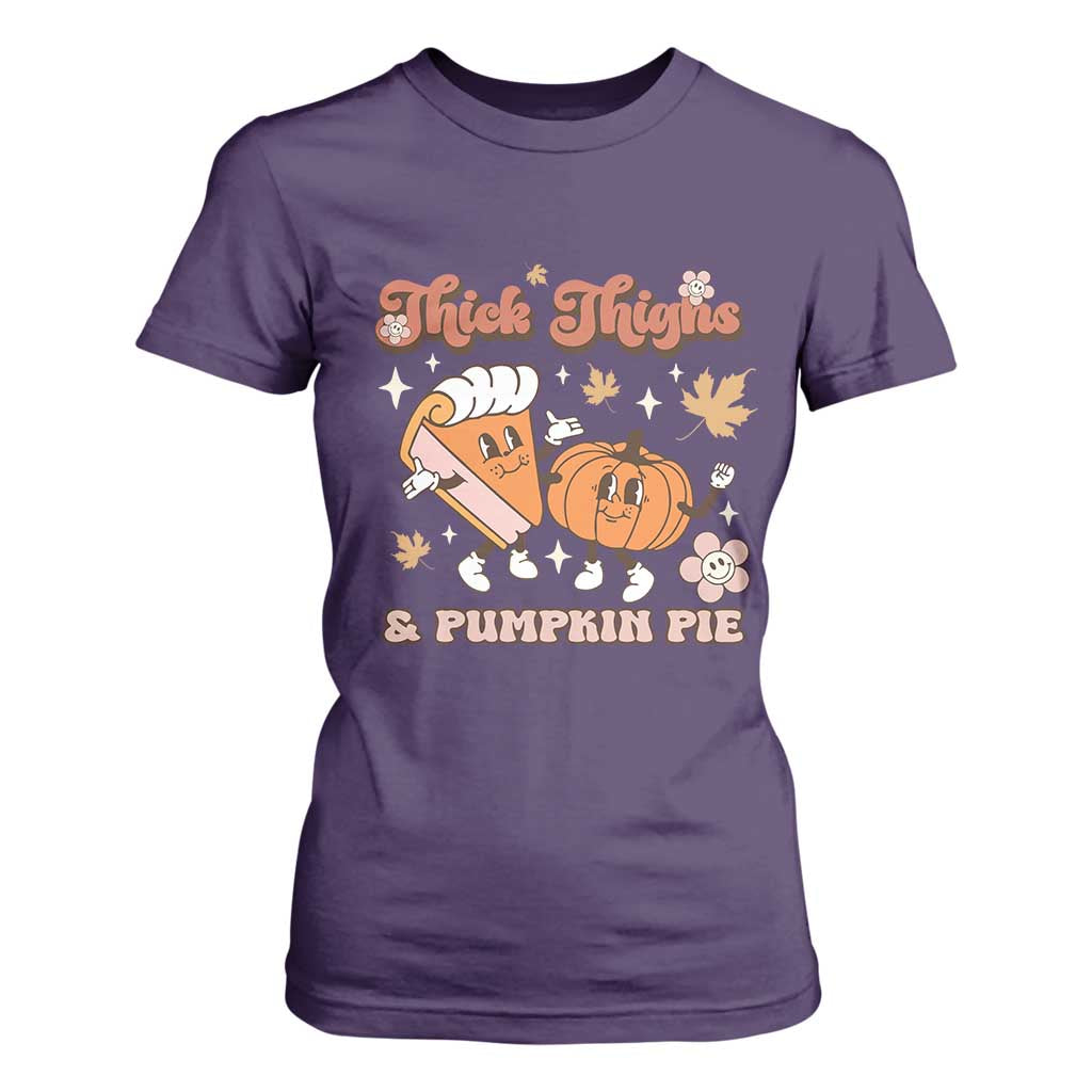 Funny Retro Thanksgiving T Shirt For Women Thick Thighs And Pumpkin Pie Fall Season Family Matching TS11 Purple Print Your Wear