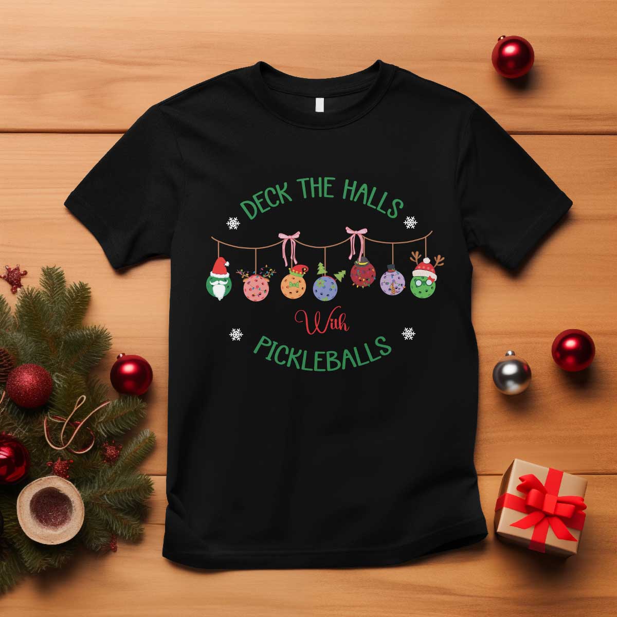 Funny Christmas Pickleball T Shirt Deck The Halls With Pickleballs Santa Hat TS11 Black Print Your Wear
