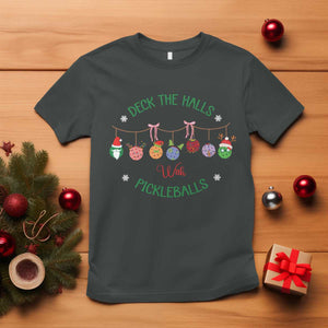 Funny Christmas Pickleball T Shirt Deck The Halls With Pickleballs Santa Hat TS11 Dark Heather Print Your Wear