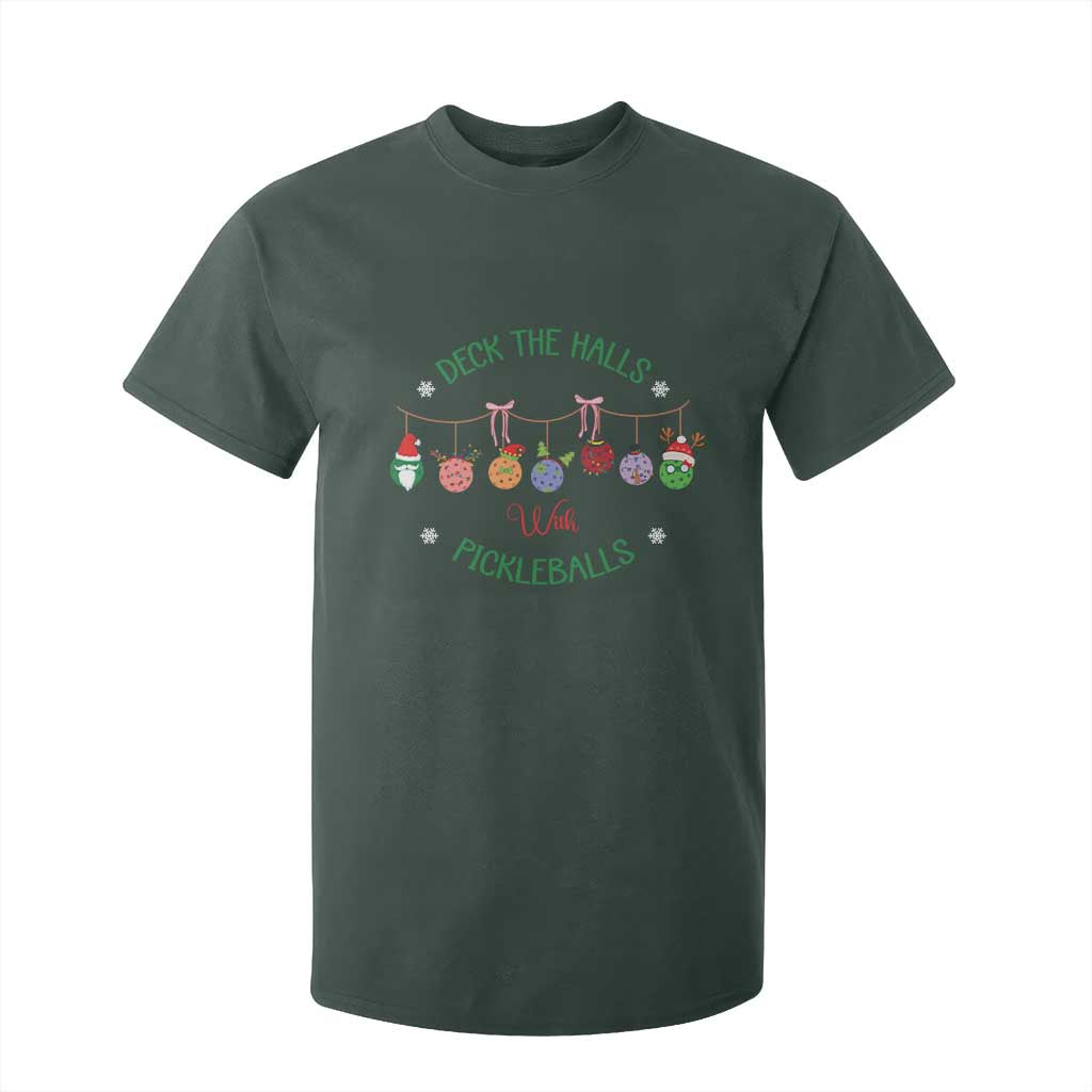 Funny Christmas Pickleball T Shirt For Kid Deck The Halls With Pickleballs Santa Hat TS11 Dark Forest Green Print Your Wear