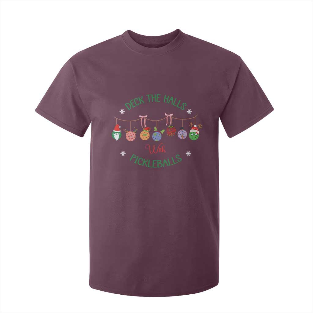 Funny Christmas Pickleball T Shirt For Kid Deck The Halls With Pickleballs Santa Hat TS11 Maroon Print Your Wear