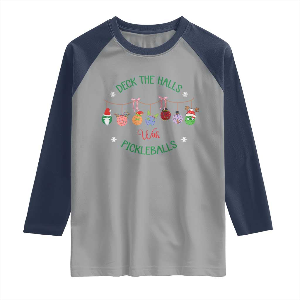 Funny Christmas Pickleball Raglan Shirt Deck The Halls With Pickleballs Santa Hat TS11 Sport Gray Navy Print Your Wear