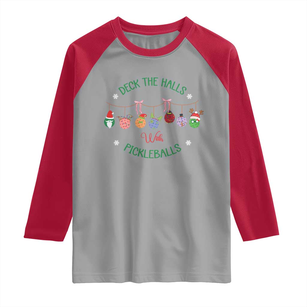 Funny Christmas Pickleball Raglan Shirt Deck The Halls With Pickleballs Santa Hat TS11 Sport Gray Red Print Your Wear