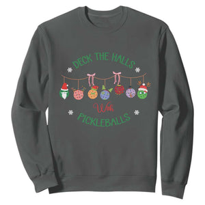 Funny Christmas Pickleball Sweatshirt Deck The Halls With Pickleballs Santa Hat TS11 Dark Heather Print Your Wear