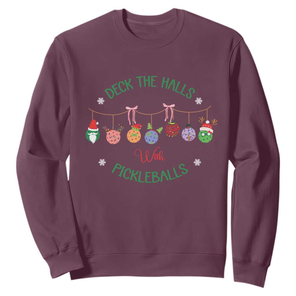 Funny Christmas Pickleball Sweatshirt Deck The Halls With Pickleballs Santa Hat TS11 Maroon Print Your Wear