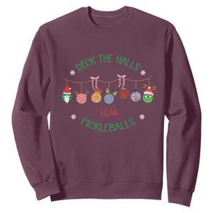 Funny Christmas Pickleball Sweatshirt Deck The Halls With Pickleballs Santa Hat TS11 Maroon Print Your Wear